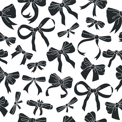 Bows silhouettes pattern. Hand drawn silk bow-knot seamless design, Birthday gifts boxes ribbon decoration flat vector background illustration. Monochrome bows pattern