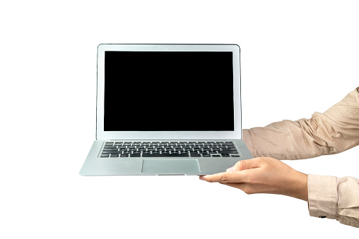 People hand holding laptops with a blank screen isolated over a white background. Blank laptop screen for copy space