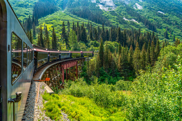 White Pass Summit excursion tour train in the mountains, Alaska, USA. White Pass Summit excursion tour train, Alaska, USA. alaska gold rush stock pictures, royalty-free photos & images