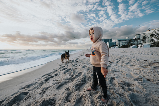 An adorable toddler boy of Puerto Rican ethnicity stands in the sand wearing a hooded sweatshirt, watching the ocean with a dog in the background at sunset in Florida.