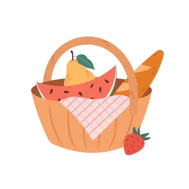 Vector illustration of Picnic basket with watermelon, loaf of bread, pear and strawberries. Vector illustration
