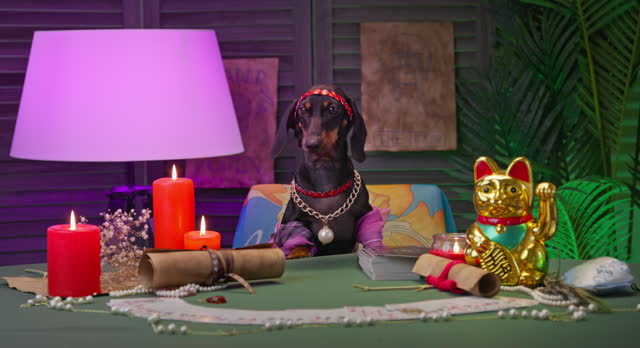 Suspicious dog fortune teller charlatan sits at table with tarot cards, candles