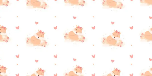 Vector illustration of Seamless pattern with sleeping animal fox on cloud on white background. Vector illustration for design, wallpaper, packaging, textile. Kids collection.