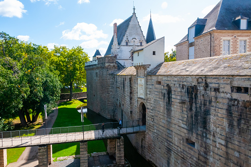 Nantes, France - September 12, 2017:  the Chateau Des Ducs De Bretagne or Castle of the Dukes of Brittany, Fortified wall of castle