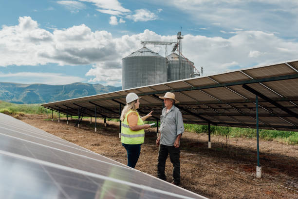 istock Female engineer on technical visit to solar panels in the agro industry 1993795011