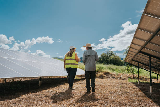 Female technician visiting a solar energy plant on farm