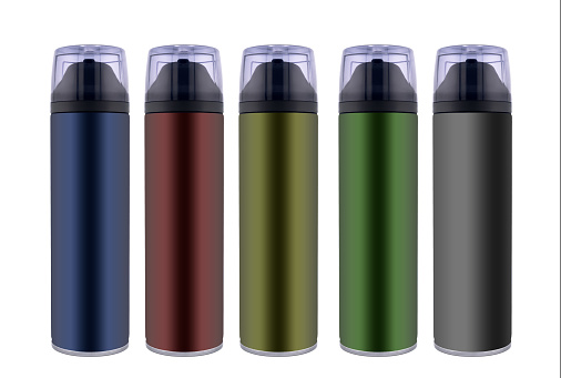 set of multi-colored bottles of shaving gel or foam, deodorant bottle, side view close-up on a white background