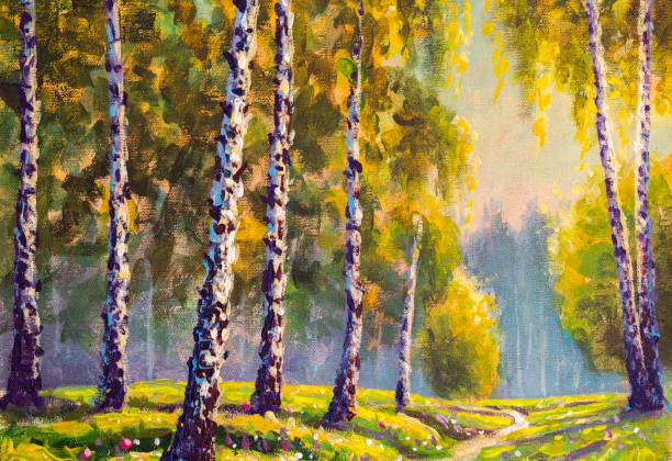 istock Sun in russian forest Ukrainian sunny landscape original hand painted painting on canvas by artist 1993826763