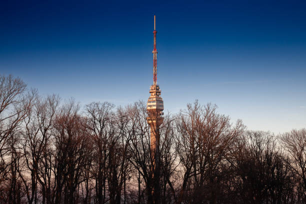 Avala tower, or Avala toranj, seen from below. It is a TV tower and broadcasting antenna in the suburbs of Belgrade, Serbia.
