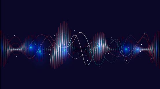 Glowing sound wave with dotted frequency lines and neon effects style against dark background.