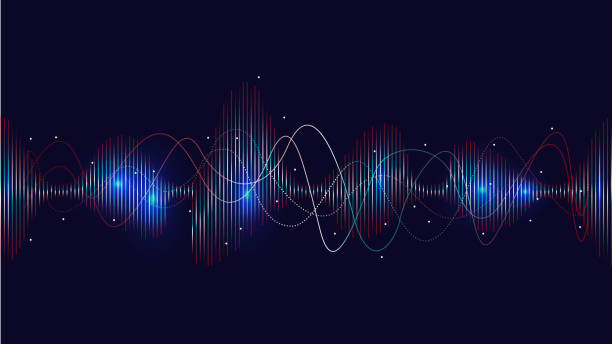 Glowing sound wave with dotted frequency lines and neon effects style. Glowing sound wave with dotted frequency lines and neon effects style against dark background. amplify your voice stock illustrations