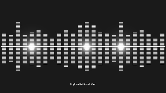 Glowing black and white sound wave with dotted frequency lines and neon effects style. BW light lines walpaper.