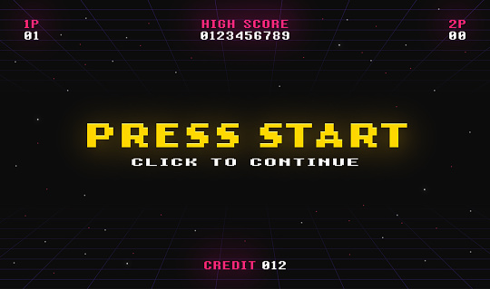 Retro game screen. 8 bit game. Press start to continue. Vector illustrations