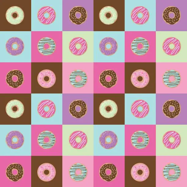 Vector illustration of Seamless trendy pattern with different donuts on a square background. Pattern for children's clothes, tablecloths, packaging. Vector illustration