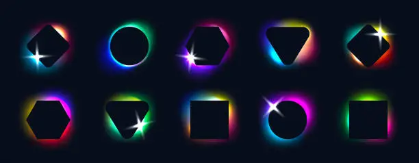 Vector illustration of Black frames on background color blurred neon gradients. Geometric shapes with holographic light blur effect. Vector illustration