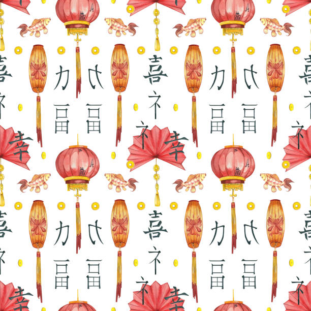 bezszwowy wzór na temat chińskiego nowego roku 2024. papierowe lampiony, wachlarze i karpie, hieroglify ręcznie rysowane akwarelą na białym tle. do druku na tkaninie, papierze, dekoracji - bamboo watercolor painting isolated ink and brush stock illustrations