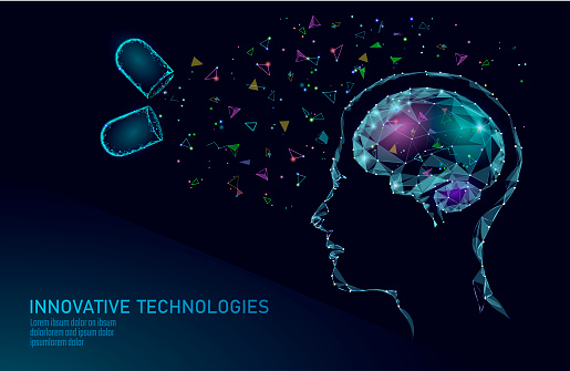 Brain treatment low poly 3D render. Drug nootropic human ability stimulant smart mental health. Medicine cognitive rehabilitation in Alzheimer disease and dementia patient vector illustration.