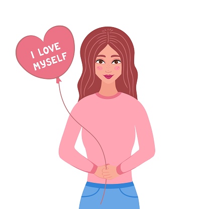 I love myself, girl with balloon. Vector Illustration for printing, backgrounds, covers and packaging. Image can be used for greeting cards, posters and stickers. Isolated on white background.