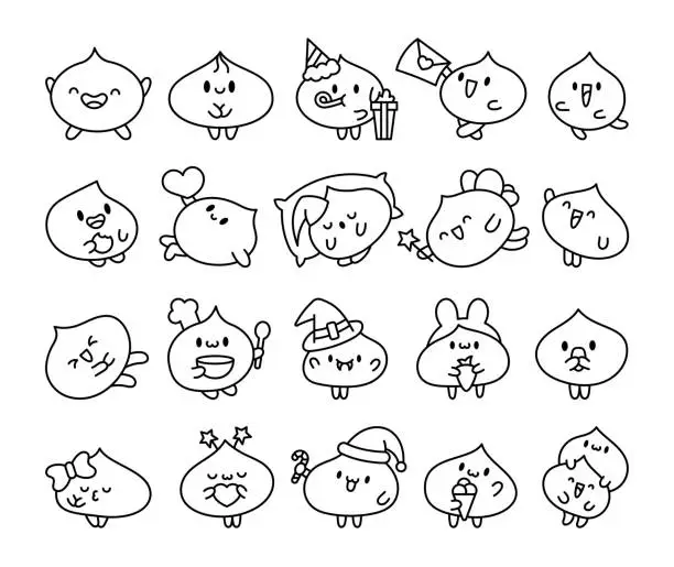 Vector illustration of Cute dumplings characters with different facial expressions. Coloring Page. Chinese food. Hand drawn style. Vector drawing. Collection of design elements.