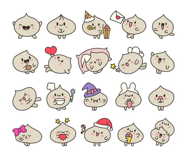 Vector illustration of Cute dumplings characters with different facial expressions. Chinese food. Hand drawn style. Vector drawing. Collection of design elements.