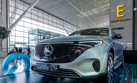 Incheon, S. Korea - Nov 27, 2019: Exhibition of the Mercedes EQ Battery-Powered Electric Vehicle inside Incheon International Airport. Mercedes-Benz is a prestigious automobile brand from Germany.