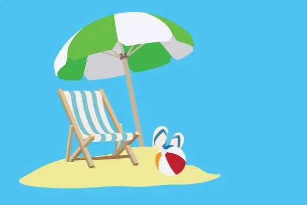 Vector illustration of Beach chair on sand, slippers, ball and green and white umbrella, vector illustration on blue background. Travel concept and vacation at the sea.