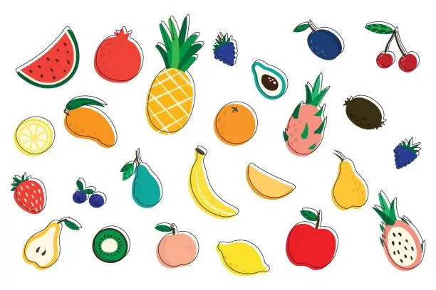 Vector illustration of A set of different fruits, apple, orange, mango, pineapple, pear, banana, kiwi and others. Healthy way of eating, practical diet during sports, fruits on white background.