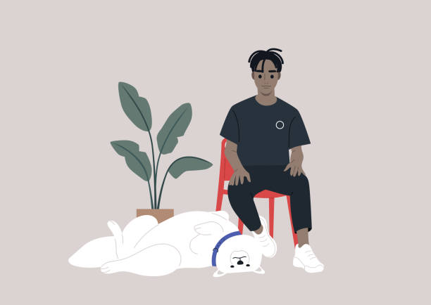 a confident and handsome young male character sits on a red chair, accompanied by a fluffy samoyed dog lazily stretched out at his feet, the companionship between the owner and his content dog - men sleeping african descent shoe stock illustrations