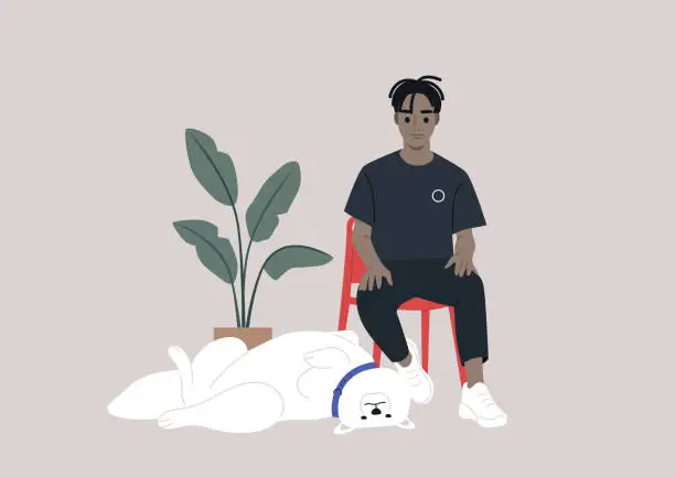 Vector illustration of A confident and handsome young male character sits on a red chair, accompanied by a fluffy Samoyed dog lazily stretched out at his feet, the companionship between the owner and his content dog