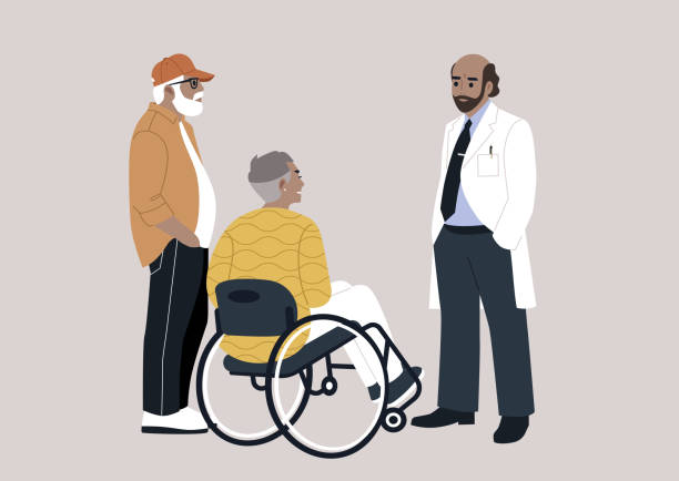 illustrations, cliparts, dessins animés et icônes de a senior couple at the doctor's office, with the husband serving as a chaperone for his wife, who is in a wheelchair - patient hospital doctor nurse