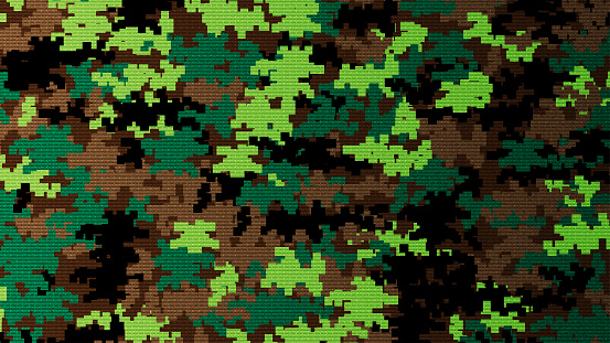 Military Camouflage pattern with pixelate styles. Army and navy colors on mosaic wallpaper. Canvas Fabric textile seamless background.