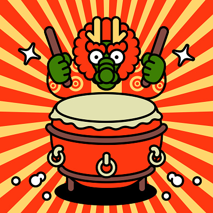 Cartoon Animal Characters Design Vector Art Illustration. 
New Year Dragon is playing the traditional Chinese drum or Chinese bass drum.