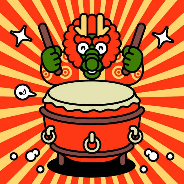 Vector illustration of New Year Dragon is playing the traditional Chinese drum or Chinese bass drum