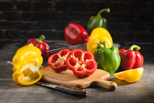 Red chili pepper, dried chillies on dark background. Top view