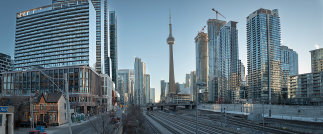 Toronto, Ontario, Canada - February 03, 2023:  The Toronto city skyline during the morning hours.   Residential condo towers dominate from this perspective facing east.