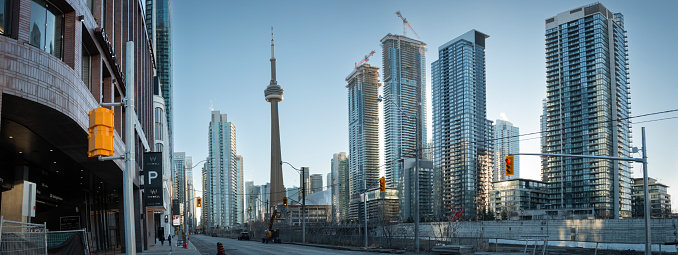 Toronto, Ontario, Canada - February 03, 2023:  The Toronto city skyline during the morning hours.   Residential condo towers dominate from this perspective facing east.