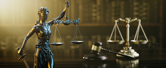 Law Legal System Justice Crime concept. Libra, Femida and Gavel. 3d render.