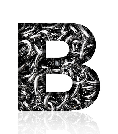 Close-up of three-dimensional silver chain alphabet letter B on white background.