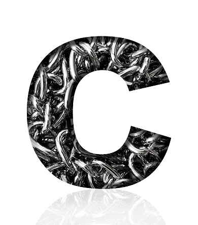 Close-up of three-dimensional silver chain alphabet letter C on white background.
