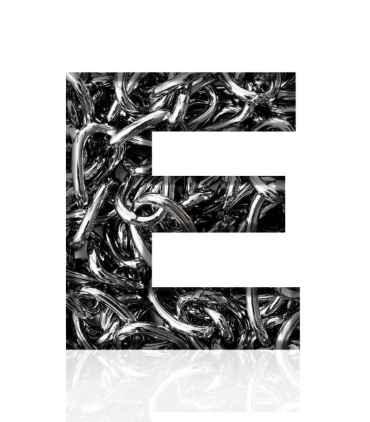 Close-up of three-dimensional silver chain alphabet letter E on white background.