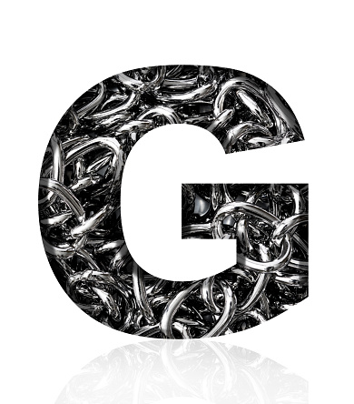 Close-up of three-dimensional silver chain alphabet letter G on white background.