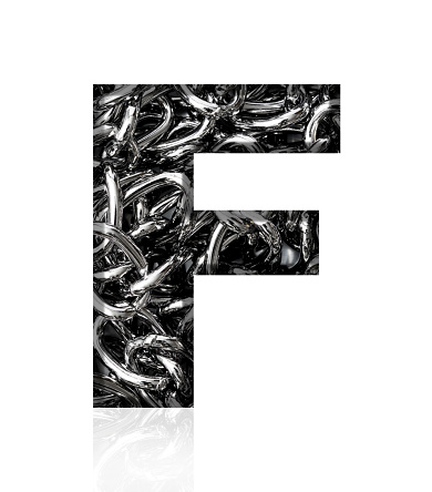 Close-up of three-dimensional silver chain alphabet letter F on white background.