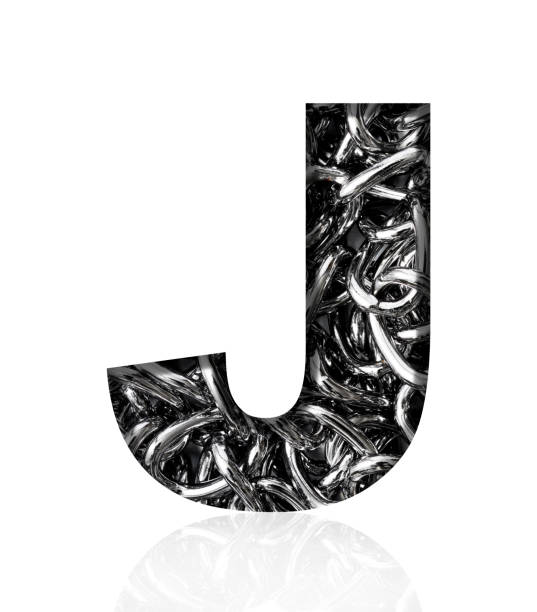 白い背景に 3 次元の銀チェーンアルファベット文字 j の分離ショット - letter j alphabet metal three dimensional shape ストックフォトと画像