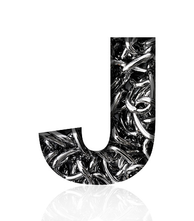 Close-up of three-dimensional silver chain alphabet letter J on white background.