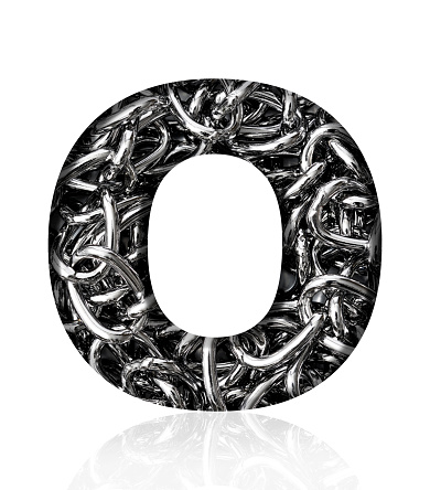 Close-up of three-dimensional silver chain alphabet letter O on white background.