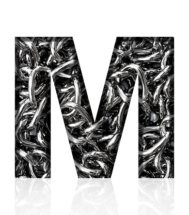 Close-up of three-dimensional silver chain alphabet letter M on white background.
