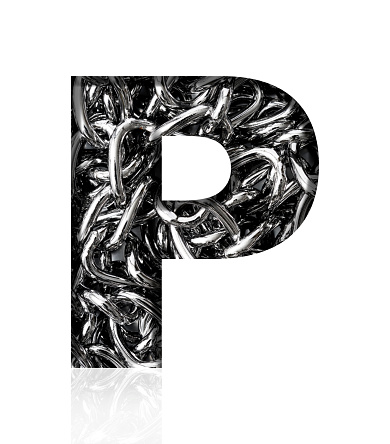 Close-up of three-dimensional silver chain alphabet letter P on white background.