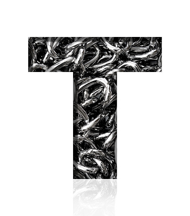 Close-up of three-dimensional silver chain alphabet letter T on white background.