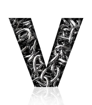 Close-up of three-dimensional silver chain alphabet letter V on white background.