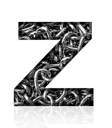 Close-up of three-dimensional silver chain alphabet letter Z on white background.
